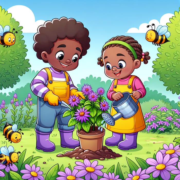 Kids Planting Purple Flowers in Vibrant Garden