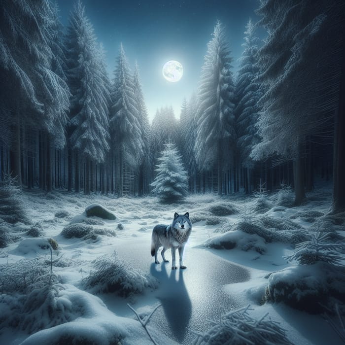 Lone Wolf in Snowy Forest - Night Serenity