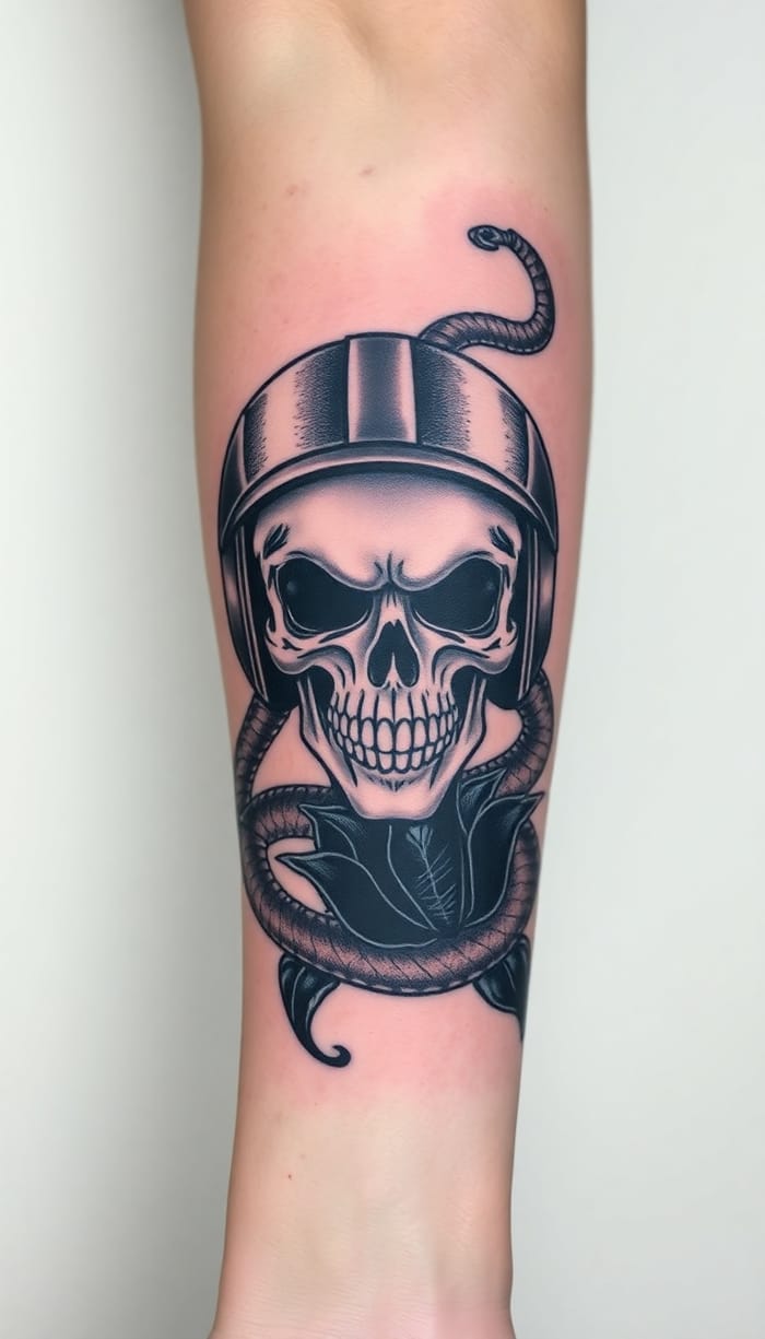 Skull and Snake Tattoo Design on Forearm