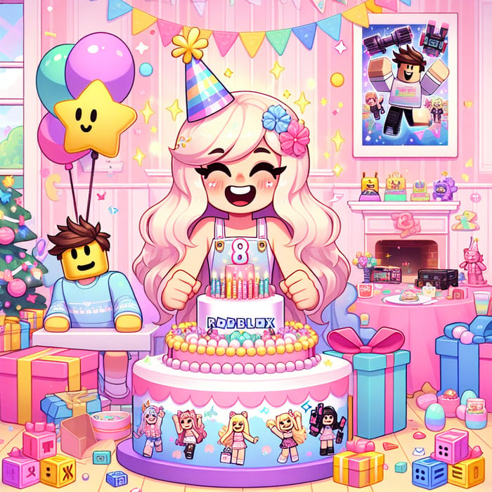 Blonde 8-Year-Old Girl's Joyful Kawaii Roblox Birthday Celebration