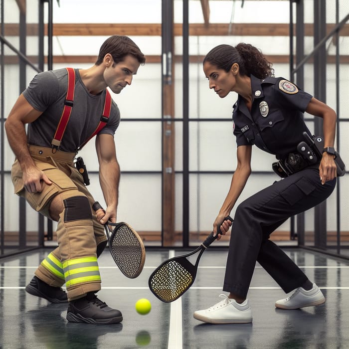 Firefighter and Police Officer Enjoying Padel Game