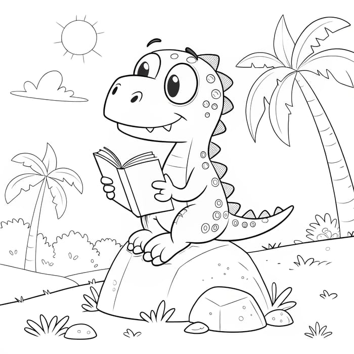 Coloring Page of a Reading Dinosaur