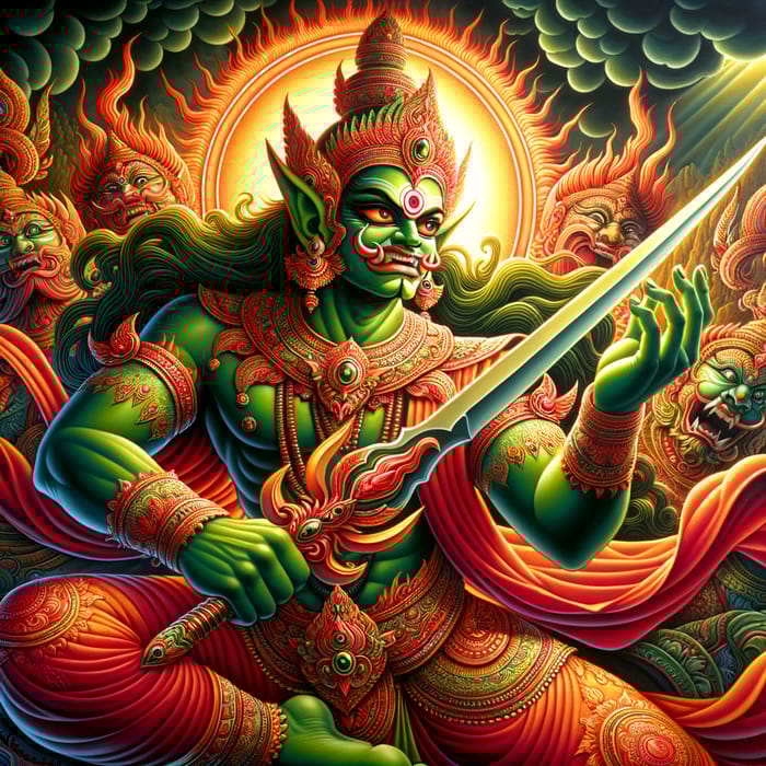 Yamraj: Green-Skinned Figure in Red with a Sword - Mythology Yamraj: Green-Skinned Figure in Red with a Sword - Mythology