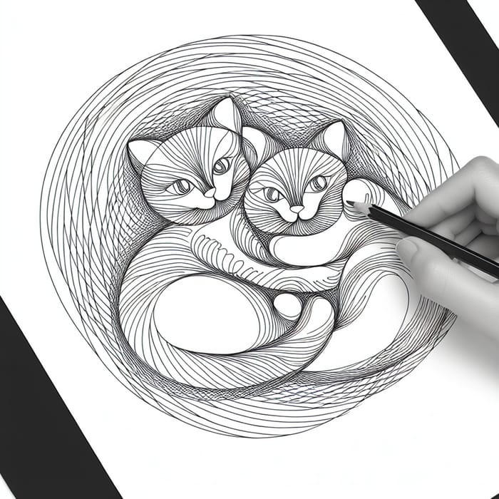 Unbroken Line Drawing of Two Cuddling Cats with Reference to Real Models