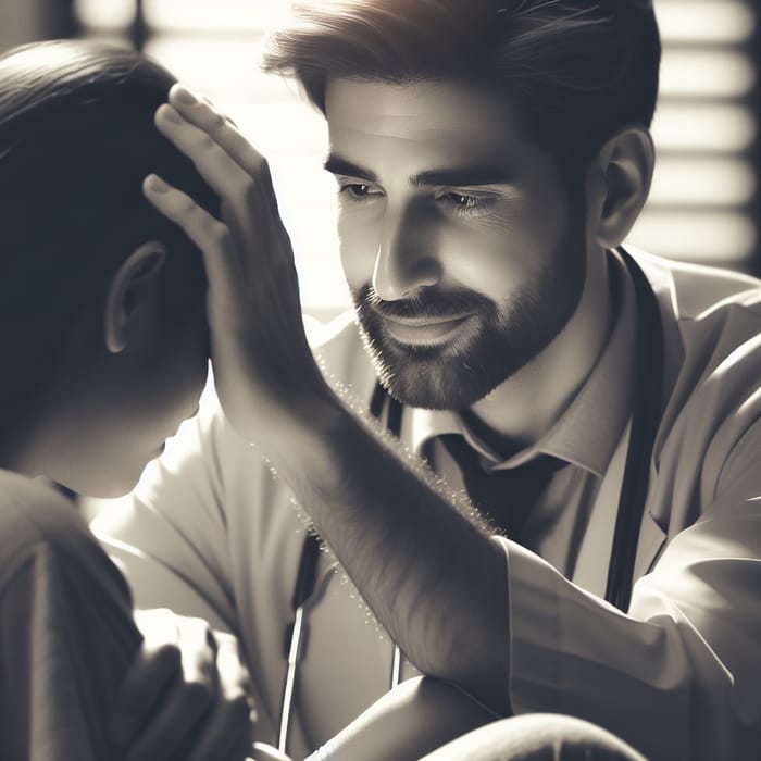 Compassionate Doctor Touching Patient Affectionately in Vintage Black and White