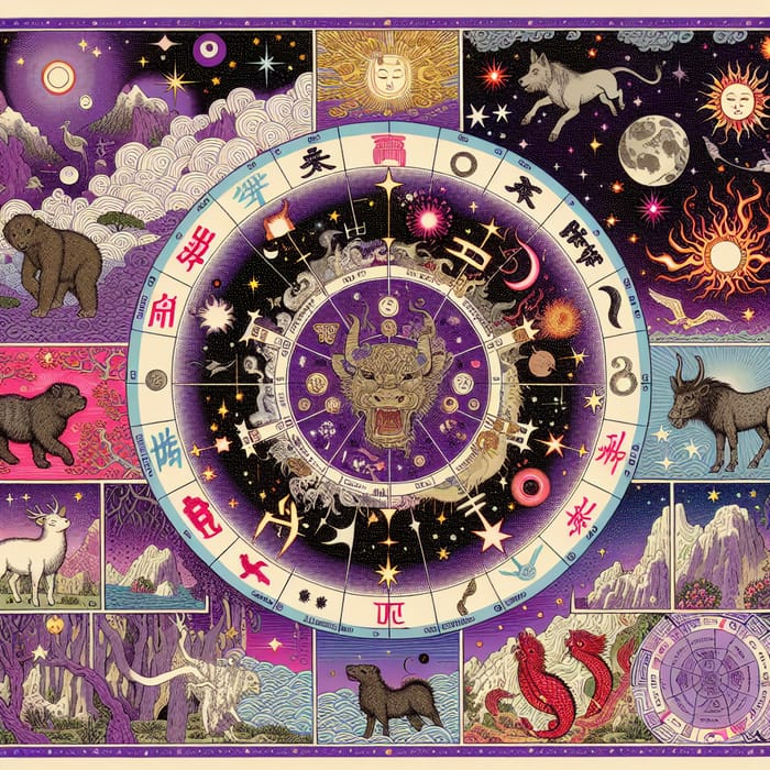 Purple Cosmic Illustration: Chinese Zodiac, 5 Elements & Yin Yang