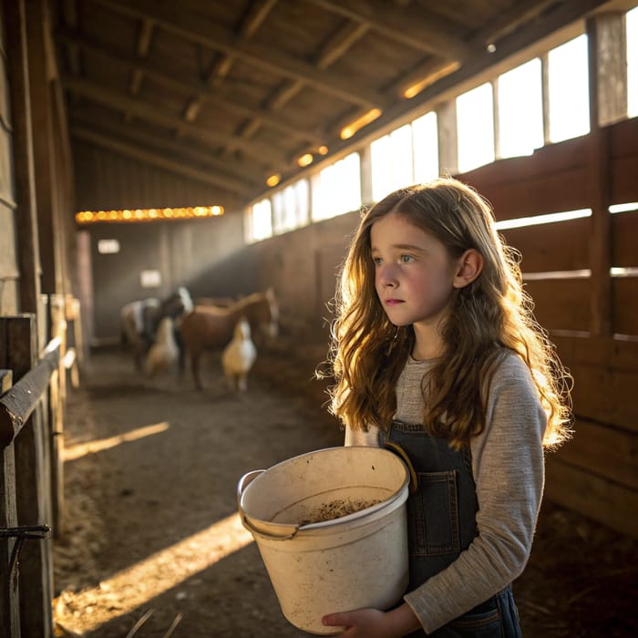 Charming Ranch Scene with a Girl and Animals Charming Ranch Scene with a Girl and Animals