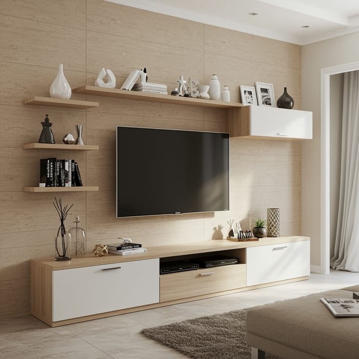 Stylish TV Wall Designs for Light Beige Ceramics Stylish TV Wall Designs for Light Beige Ceramics