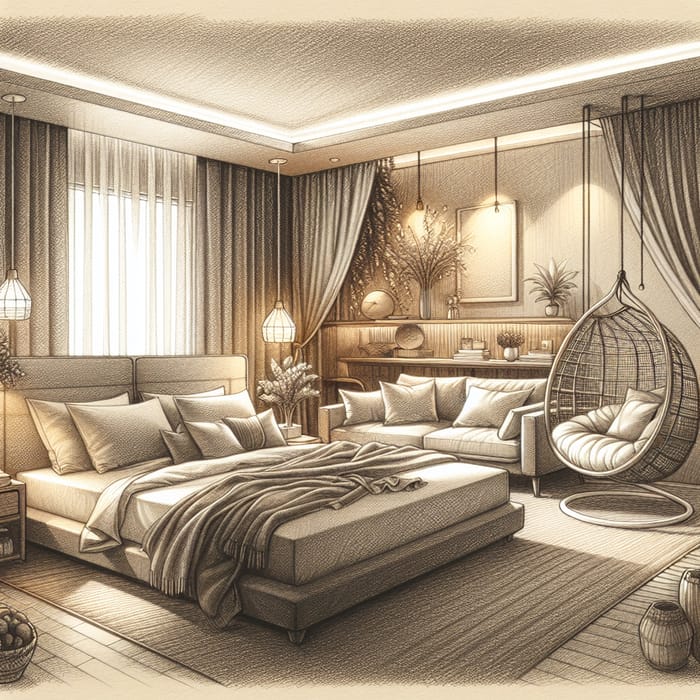 Cozy Bedroom Sketch: Warm Earth Tones, Soft Lighting, Relaxing Poses