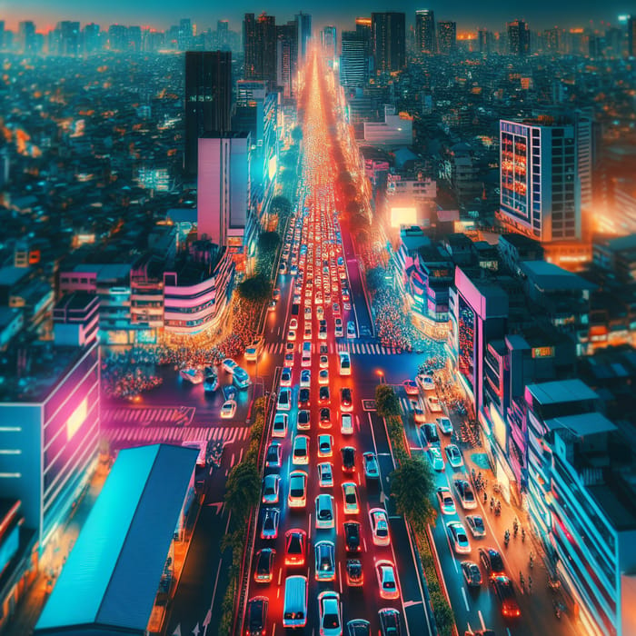 Neon Cityscape Traffic Jam | Urban Hustle & Bustle View