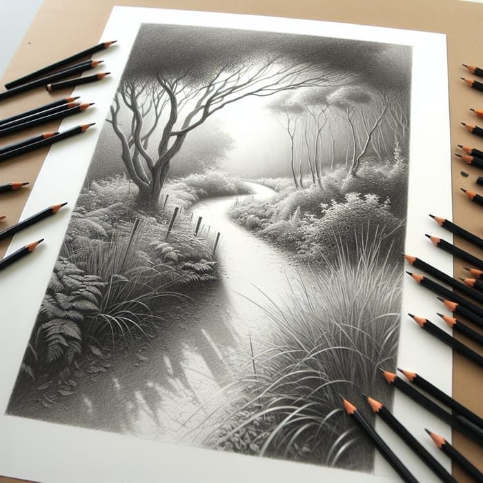 Intricate Graphite Pencil Drawing of Nature-Inspired Path