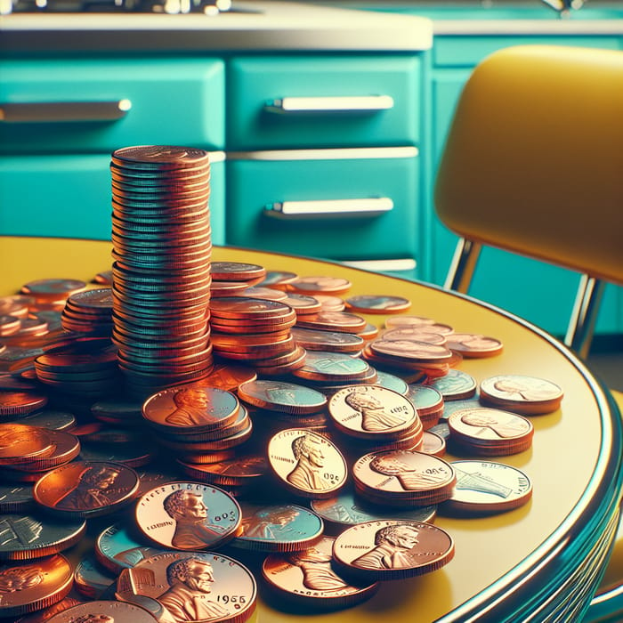 Vintage Copper Pennies on Retro Kitchen Table