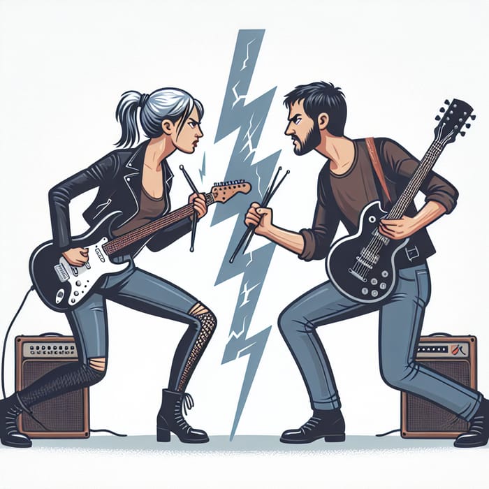 Caucasian Rock Musicians Verbal Standoff with Lightning Symbolism