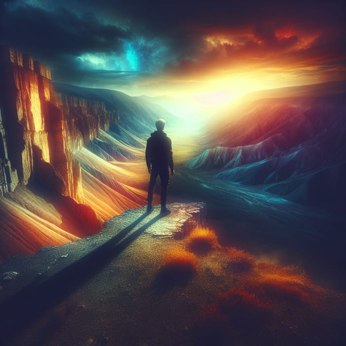 Solitude & Nature's Power: Figure on Cliff | Vibrant Colors & Dramatic Light