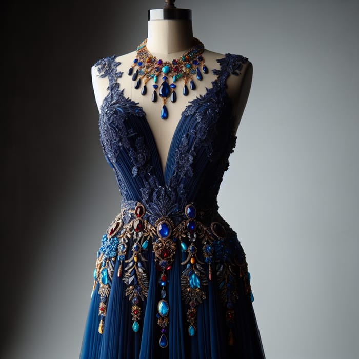 Blue Evening Gown Size 40 | Colorful Jewelry & Elegant Details