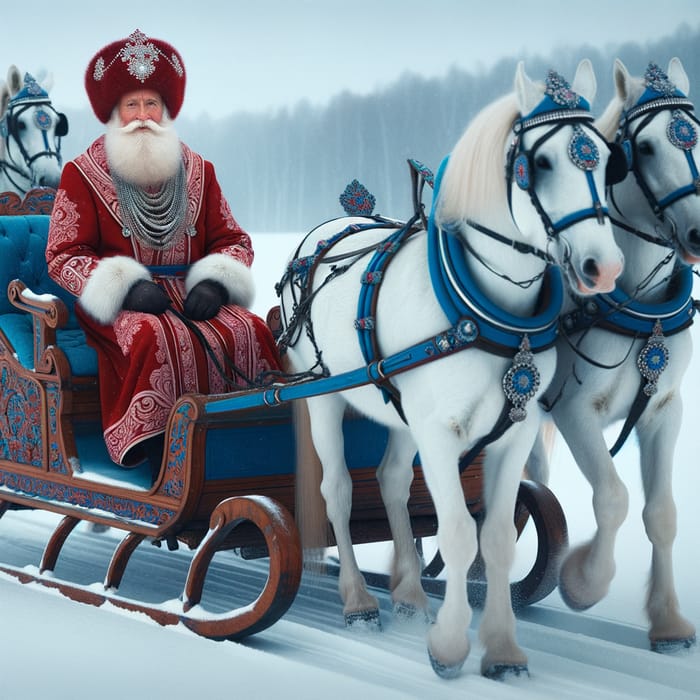 Russian Santa Claus on Blue Sleigh Pulled by 3 White Horses