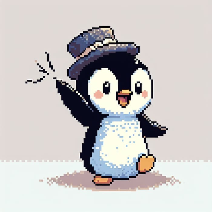 Charming Pixel Art Penguin Waving with a Hat