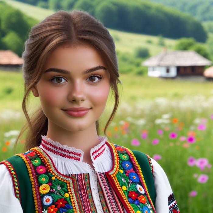 Bulgarian Teenage Girl in Traditional Bulgarian Costume