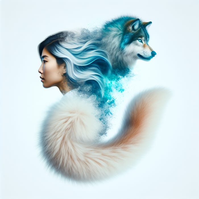 Wolf Woman Transformation with Light Blue Hair & Two Tails