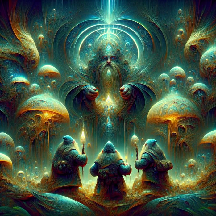 Fantasy Dwarves and Psychedelic Deity in Surreal Landscape