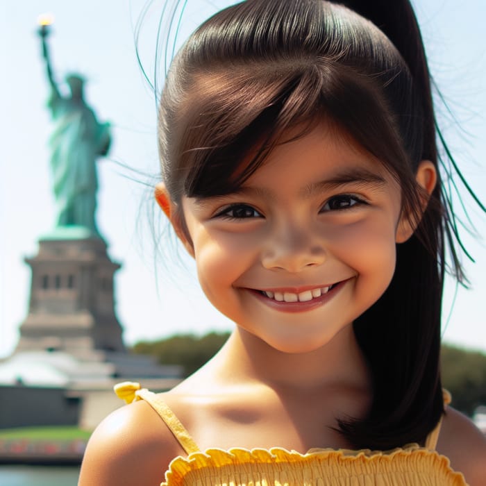 7-Year-Old Mexican Girl at Statue of Liberty - Smiling Brightly