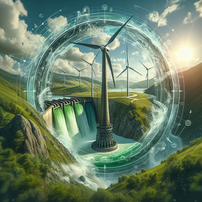 Futuristic Hybrid Hydro-Wind Energy System Illustration