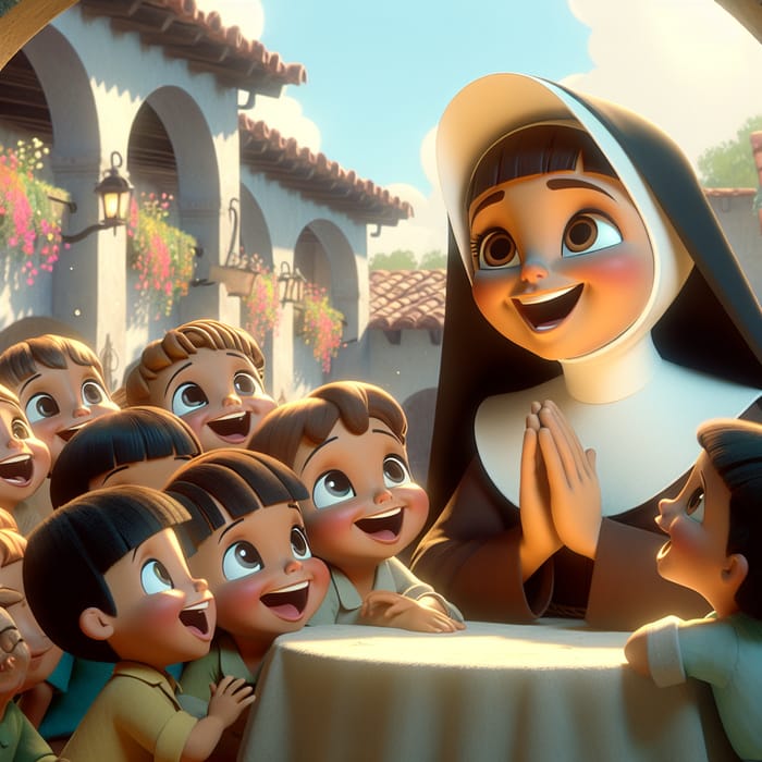 Joyful Franciscan Nun with Hispanic Children