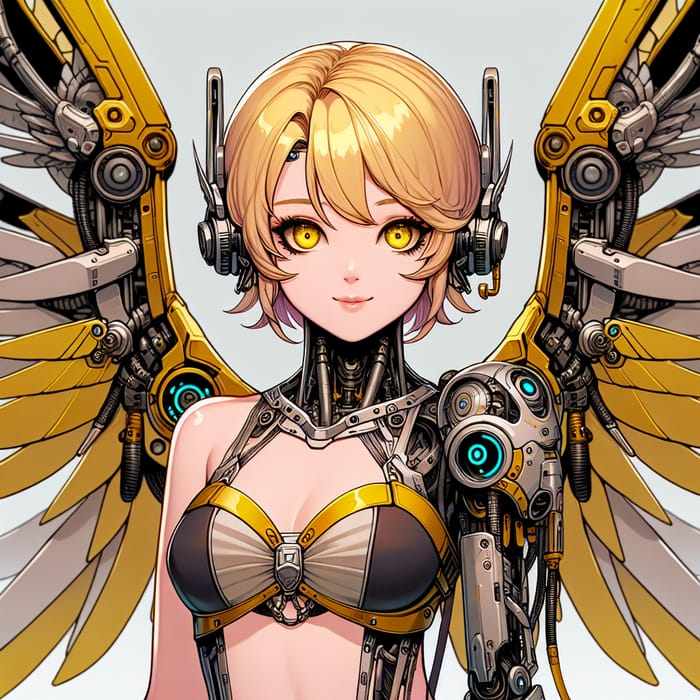 Golden-Eyed Woman in Bikini with Machine Wings - Striking Photo