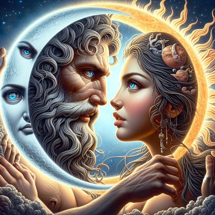 Celestial Love: Sun & Moon Embracing in Gentle Affection