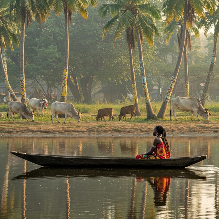 African Woman in Canoe with Zebu Cattle