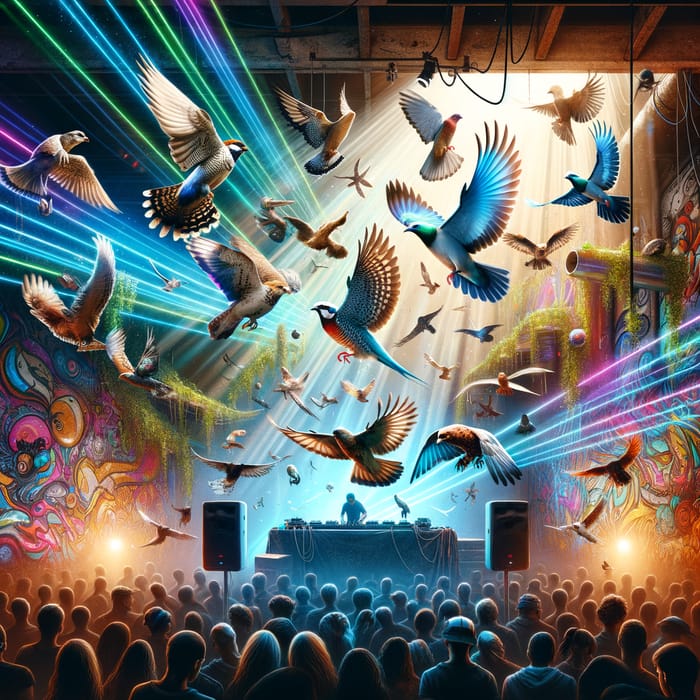 Flying Birds in Techno Club: Surreal Urban Nightlife Scene