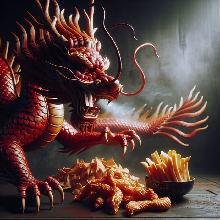 Chinese Red Dragon Holding Hot Fried Snacks in Center