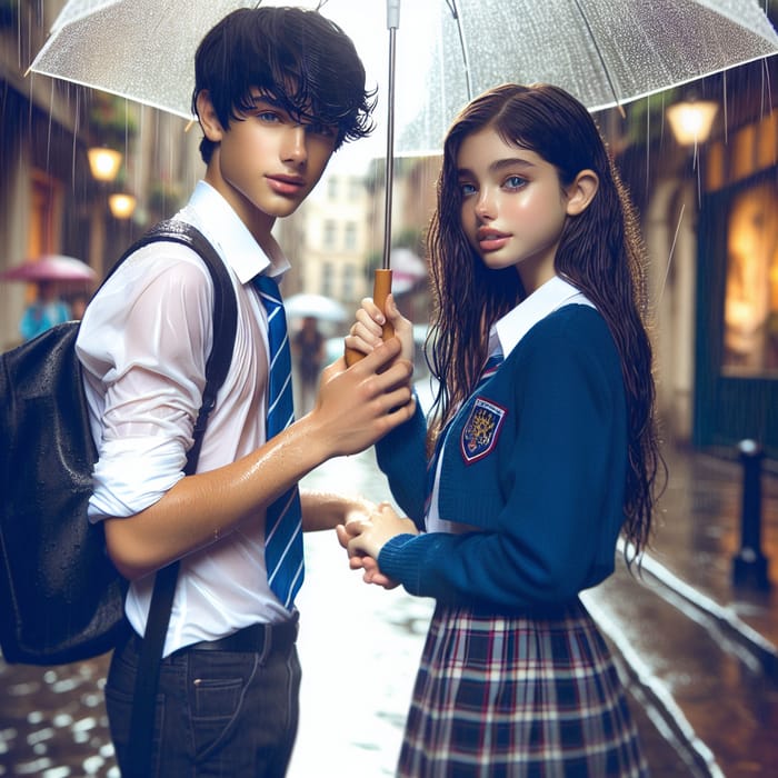 Tender Hispanic Boy & Middle-Eastern Girl in Rain