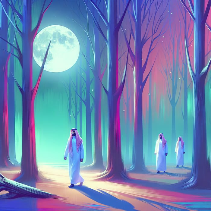 Mysterious Saudi Man Strolling in Moonlit Forest
