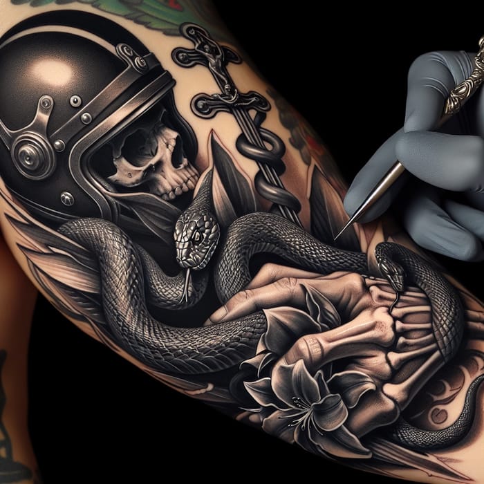 Unique Tattoo: Motorcycle Helmet & Snake Design