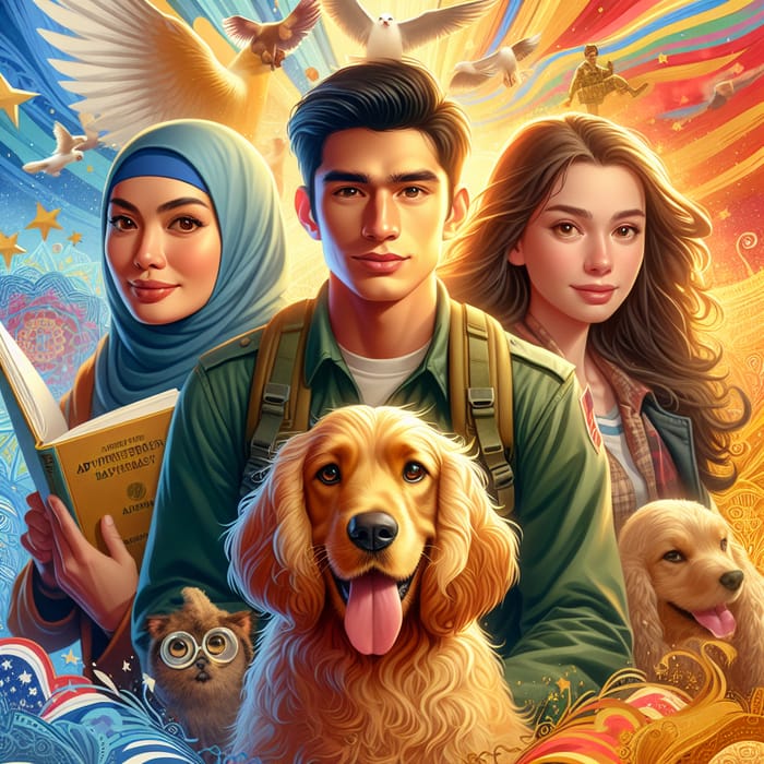 Up-inspired: Beautiful Woman, Young Military Man, Teen, & Golden Cocker Spaniel