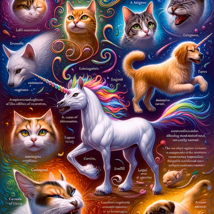 Magical Feline Unicorn and Playful Canine in Mythical Scene