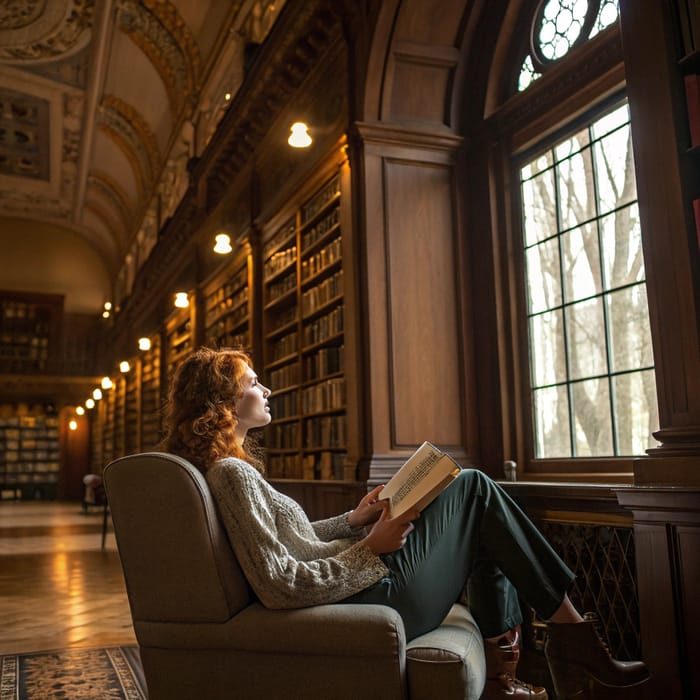 Auburn-Haired Woman in a Grand Library