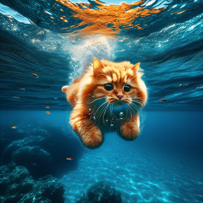 Brave Cat Diving into Deep, Clear Water