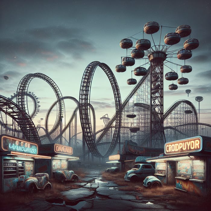 Abandoned Amusement Park with Retro Futuristic Elements