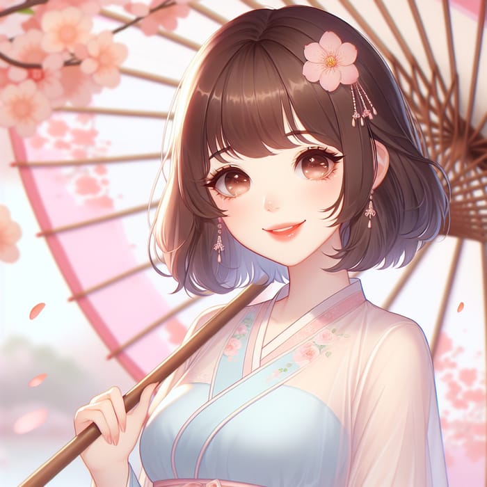 Charming East Asian Woman with Parasol | Serene and Elegant Scene