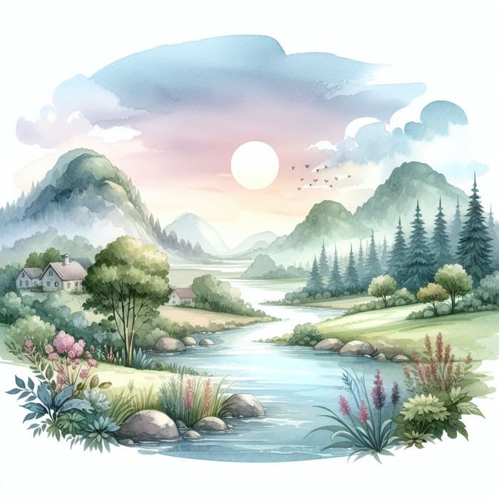 Tranquil Watercolor Landscape Painting of Serene Nature Scenes