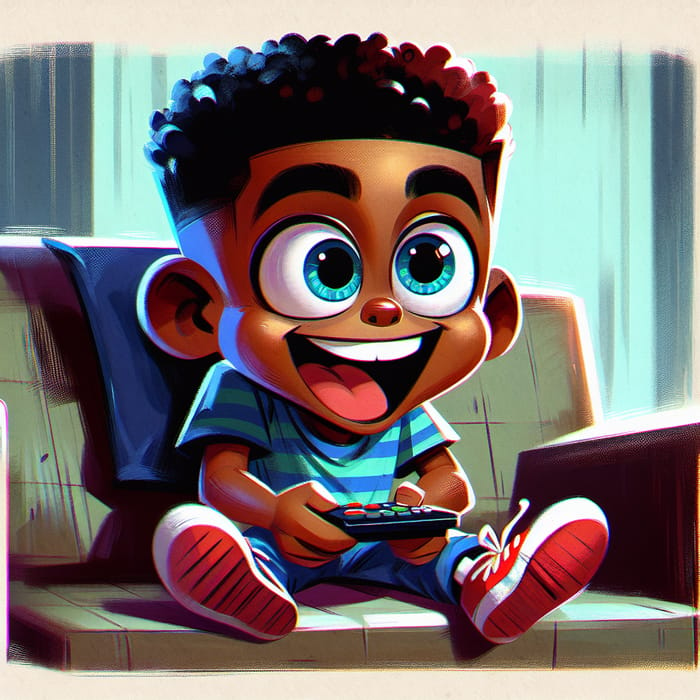 Playful Cartoon Boy on Comfy Couch - Vibrant December Cartoon Vibes