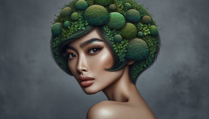 Stunning Model with Green Foliage Wig – Hyper-Realistic Art