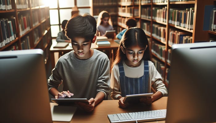 Kids Engaging with Computers and Tablets in School Library