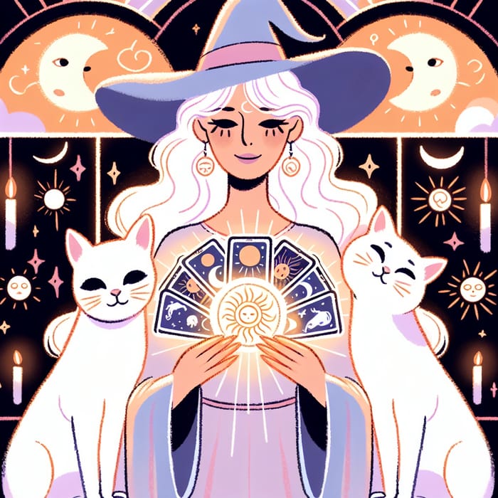 Cartoon White Witch with Cats: Compassion & Love