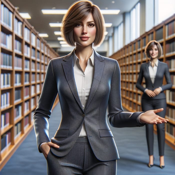 40-Year-Old Woman with Kare Hairstyle in Library Room