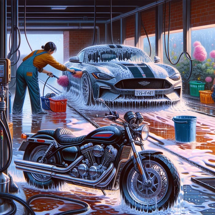 Vibrant Car & Motorcycle Wash Scene - Sparkling Vehicles under Care