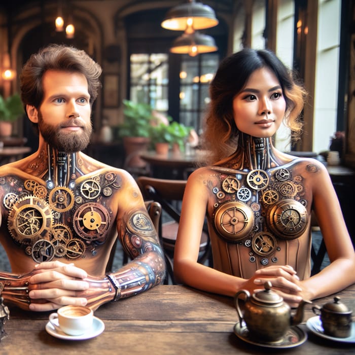 Surreal Steampunk Café Scene: Clockwork Characters in Vintage Lens Capture