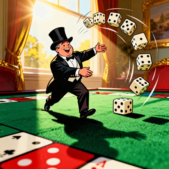 Whimsical Monopoly Scene with Oversized Dice Whimsical Monopoly Scene with Oversized Dice